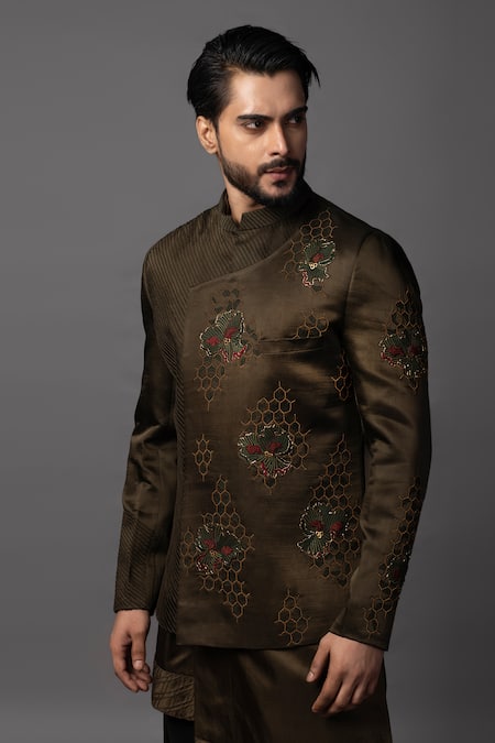 Shop_PAARSH_Green Linen, Satin Cut Work, Sequins Hexagon Embroidered Prince Coat Set _Online_at_Aza_Fashions