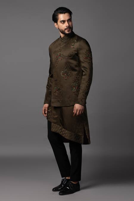 PAARSH_Green Linen, Satin Cut Work, Sequins Hexagon Embroidered Prince Coat Set _at_Aza_Fashions