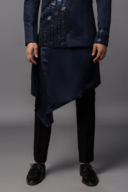PAARSH Blue Linen, Satin Cut Work, Embroidery Navy Cutdana Prince Coat Set Online at Aza Fashions PAARSH_Blue Linen, Satin Cut Work, Embroidery Navy Cutdana Prince Coat Set _Online_at_Aza_Fashions