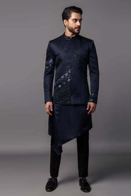 Buy PAARSH Blue Linen, Satin Cut Work, Embroidery Navy Cutdana Prince Coat Set Online at Aza Fashions Buy_PAARSH_Blue Linen, Satin Cut Work, Embroidery Navy Cutdana Prince Coat Set _Online_at_Aza_Fashions