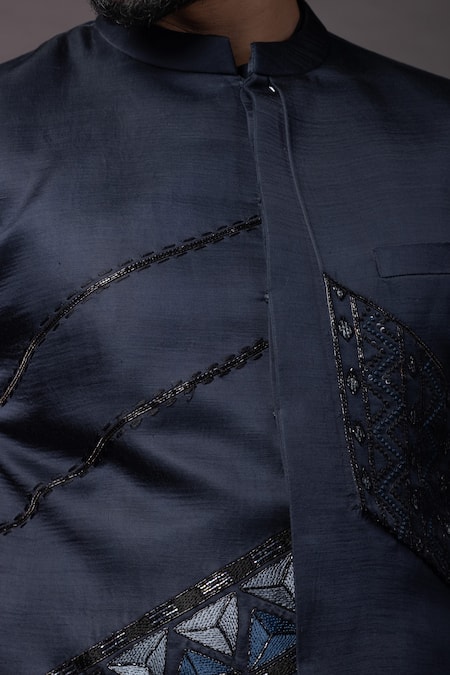 Shop PAARSH Blue Linen, Satin Cut Work, Embroidery Navy Cutdana Prince Coat Set Online at Aza Fashions Shop_PAARSH_Blue Linen, Satin Cut Work, Embroidery Navy Cutdana Prince Coat Set _Online_at_Aza_Fashions