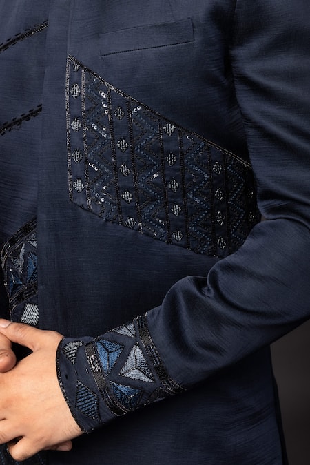 PAARSH Blue Linen, Satin Cut Work, Embroidery Navy Cutdana Prince Coat Set at Aza Fashions PAARSH_Blue Linen, Satin Cut Work, Embroidery Navy Cutdana Prince Coat Set _at_Aza_Fashions