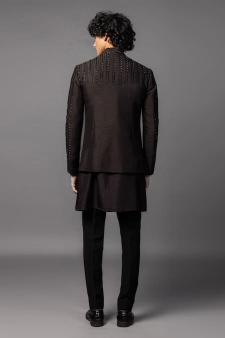 PAARSH Brown Linear Embroidered Prince Coat Set 