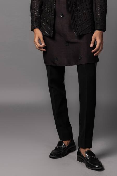 PAARSH_Brown Silk, Bamboo Cut Work Linear Embroidered Prince Coat Set _Online_at_Aza_Fashions