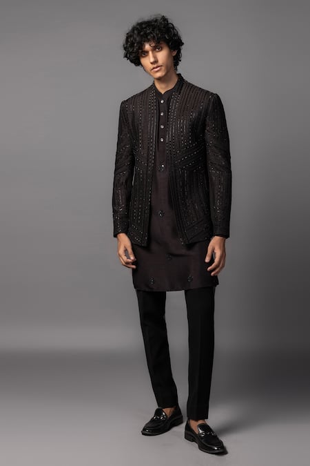 Buy_PAARSH_Brown Silk, Bamboo Cut Work Linear Embroidered Prince Coat Set _Online_at_Aza_Fashions