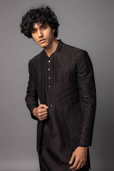 Shop_PAARSH_Brown Silk, Bamboo Cut Work Linear Embroidered Prince Coat Set _Online_at_Aza_Fashions