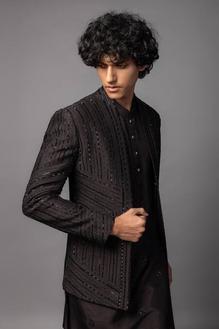 PAARSH_Brown Silk, Bamboo Cut Work Linear Embroidered Prince Coat Set _at_Aza_Fashions