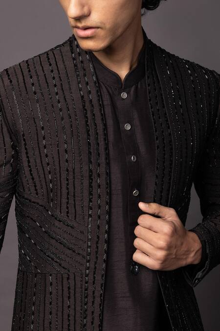 Buy_PAARSH_Brown Silk, Bamboo Cut Work Linear Embroidered Prince Coat Set 