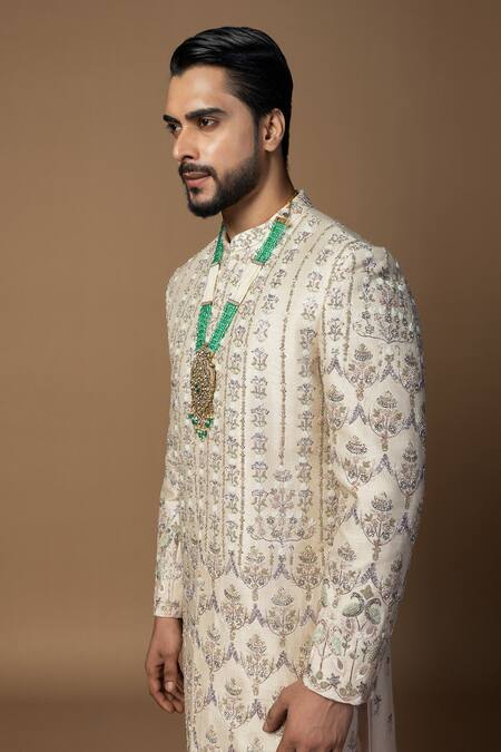 PAARSH Pink Bamboo, Silk Cut Work, Embroidery Floral Sherwani Set Online at Aza Fashions PAARSH_Pink Bamboo, Silk Cut Work, Embroidery Floral Sherwani Set _Online_at_Aza_Fashions