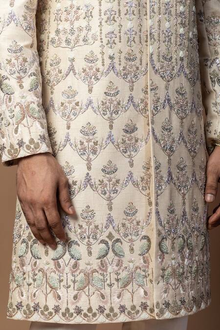 Shop PAARSH Pink Bamboo, Silk Cut Work, Embroidery Floral Sherwani Set Online at Aza Fashions Shop_PAARSH_Pink Bamboo, Silk Cut Work, Embroidery Floral Sherwani Set _Online_at_Aza_Fashions