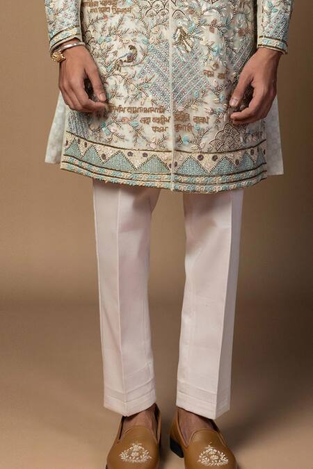 PAARSH_Ivory Organza, Bamboo, Cotton Embroidery, Zari Bageecha Sherwani And Kurta Set _Online_at_Aza_Fashions