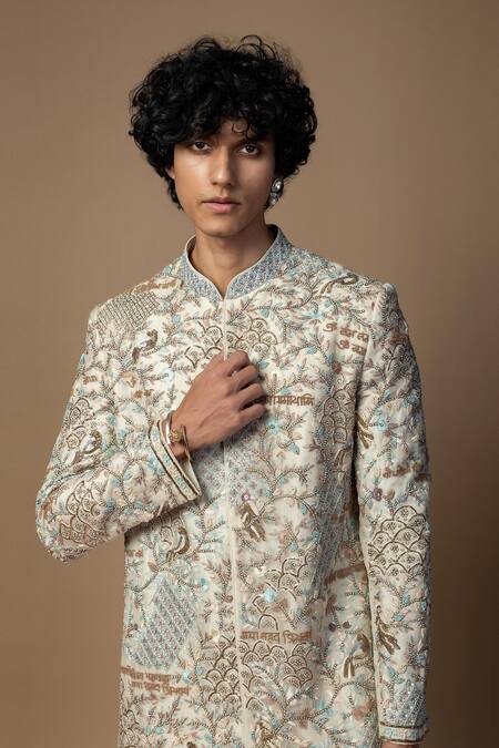 Buy_PAARSH_Ivory Organza, Bamboo, Cotton Embroidery, Zari Bageecha Sherwani And Kurta Set _Online_at_Aza_Fashions