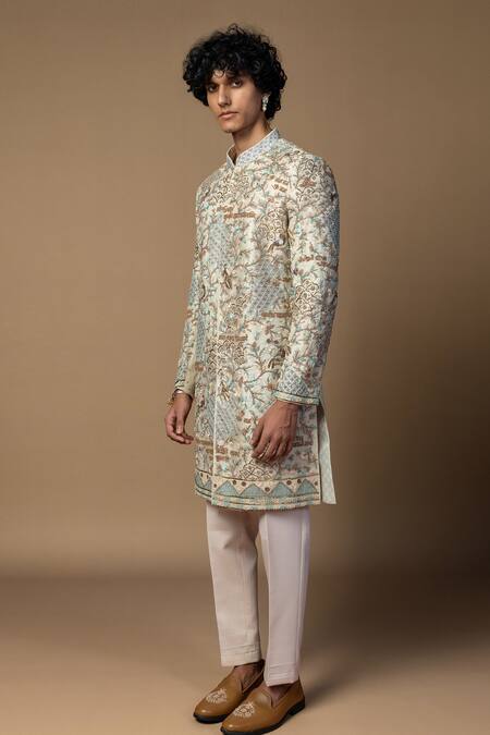 Shop_PAARSH_Ivory Organza, Bamboo, Cotton Embroidery, Zari Bageecha Sherwani And Kurta Set _Online_at_Aza_Fashions
