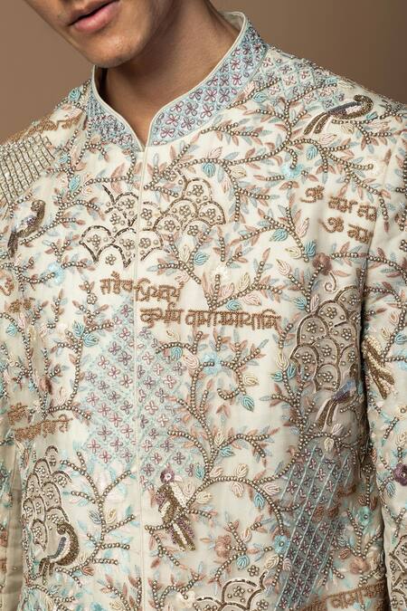 PAARSH_Ivory Organza, Bamboo, Cotton Embroidery, Zari Bageecha Sherwani And Kurta Set _at_Aza_Fashions