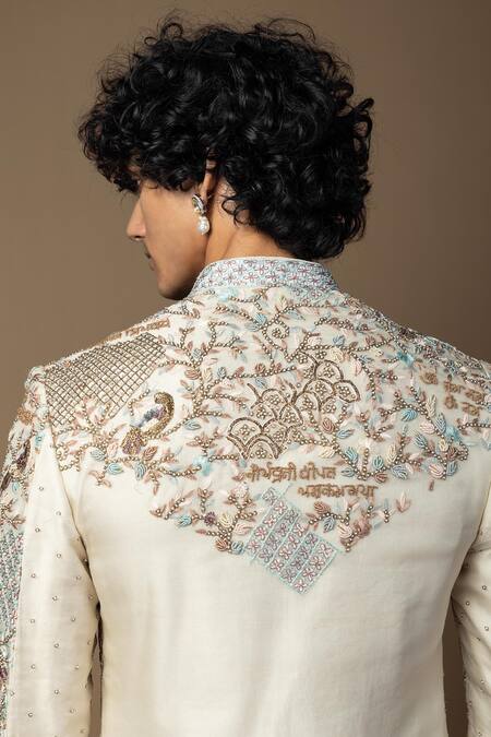 Buy_PAARSH_Ivory Organza, Bamboo, Cotton Embroidery, Zari Bageecha Sherwani And Kurta Set 