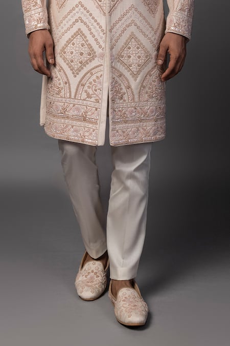 PAARSH_Peach Bamboo Cut Work, Embroidery, Pearls Geometric Sherwani Set _Online_at_Aza_Fashions