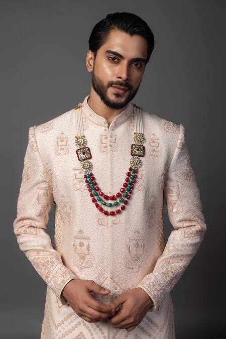 Buy_PAARSH_Peach Bamboo Cut Work, Embroidery, Pearls Geometric Sherwani Set _Online_at_Aza_Fashions