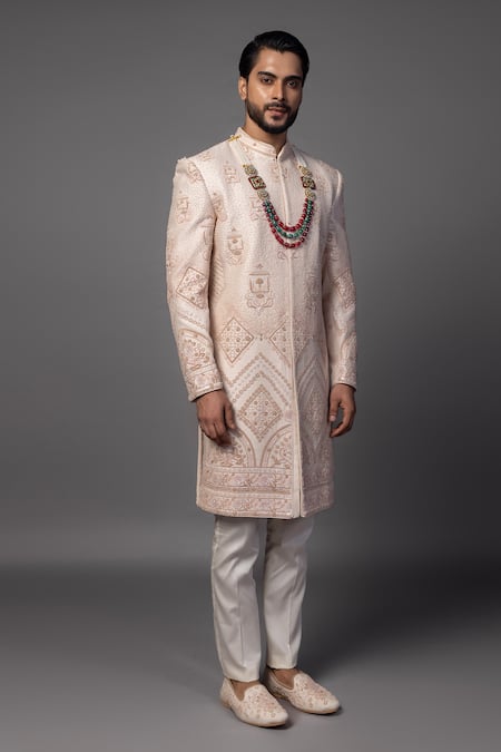 Shop_PAARSH_Peach Bamboo Cut Work, Embroidery, Pearls Geometric Sherwani Set _Online_at_Aza_Fashions