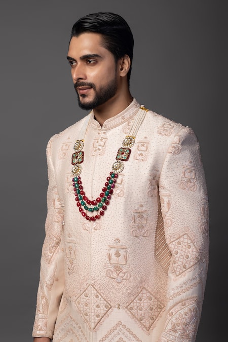 PAARSH_Peach Bamboo Cut Work, Embroidery, Pearls Geometric Sherwani Set _at_Aza_Fashions