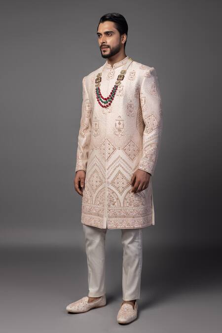 Buy_PAARSH_Peach Bamboo Cut Work, Embroidery, Pearls Geometric Sherwani Set 