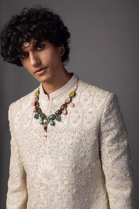 PAARSH_Beige Bamboo, Silk Pearls, Embroidery Fawn Resham Sherwani Set _Online_at_Aza_Fashions