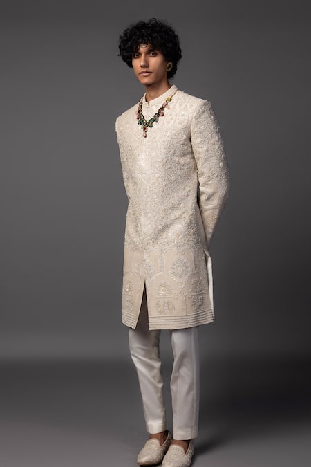 Buy_PAARSH_Beige Bamboo, Silk Pearls, Embroidery Fawn Resham Sherwani Set _Online_at_Aza_Fashions