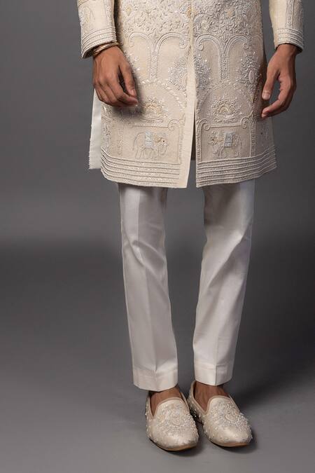 Shop_PAARSH_Beige Bamboo, Silk Pearls, Embroidery Fawn Resham Sherwani Set _Online_at_Aza_Fashions