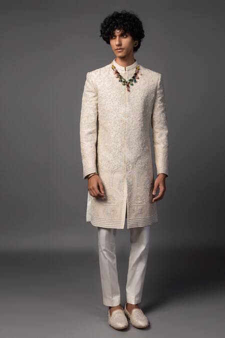PAARSH_Beige Bamboo, Silk Pearls, Embroidery Fawn Resham Sherwani Set _at_Aza_Fashions