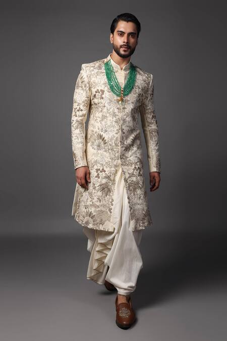 PAARSH_Ivory Bamboo Embroidery Dori Sherwani Set _Online_at_Aza_Fashions