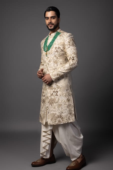 PAARSH_Ivory Bamboo Embroidery Dori Sherwani Set _at_Aza_Fashions