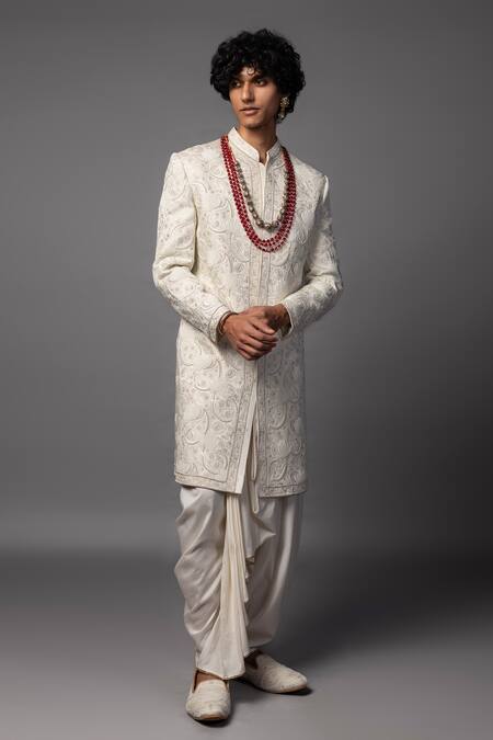 PAARSH Ivory Linen, Satin Metallic Thread Paisley Embroidered Sherwani Set Online at Aza Fashions PAARSH_Ivory Linen, Satin Metallic Thread Paisley Embroidered Sherwani Set _Online_at_Aza_Fashions