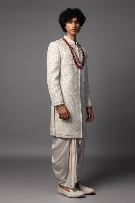 Shop PAARSH Ivory Linen, Satin Metallic Thread Paisley Embroidered Sherwani Set Online at Aza Fashions Shop_PAARSH_Ivory Linen, Satin Metallic Thread Paisley Embroidered Sherwani Set _Online_at_Aza_Fashions