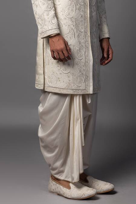 PAARSH Ivory Linen, Satin Metallic Thread Paisley Embroidered Sherwani Set at Aza Fashions PAARSH_Ivory Linen, Satin Metallic Thread Paisley Embroidered Sherwani Set _at_Aza_Fashions