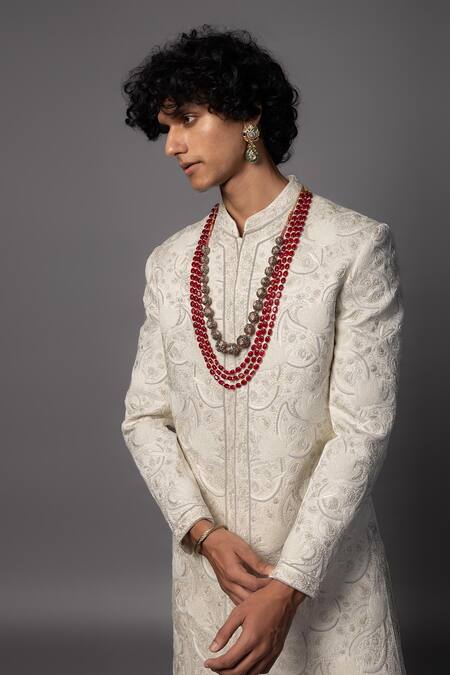 Shop PAARSH Ivory Linen, Satin Metallic Thread Paisley Embroidered Sherwani Set Shop_PAARSH_Ivory Linen, Satin Metallic Thread Paisley Embroidered Sherwani Set