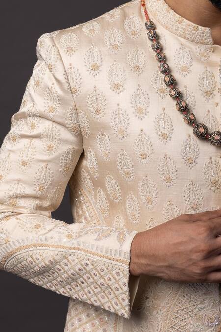 PAARSH_Peach Linen, Satin Diamonds, Embroidery Dori Sherwani Set _Online_at_Aza_Fashions