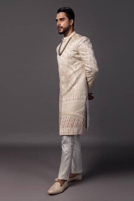 Buy_PAARSH_Peach Linen, Satin Diamonds, Embroidery Dori Sherwani Set _Online_at_Aza_Fashions