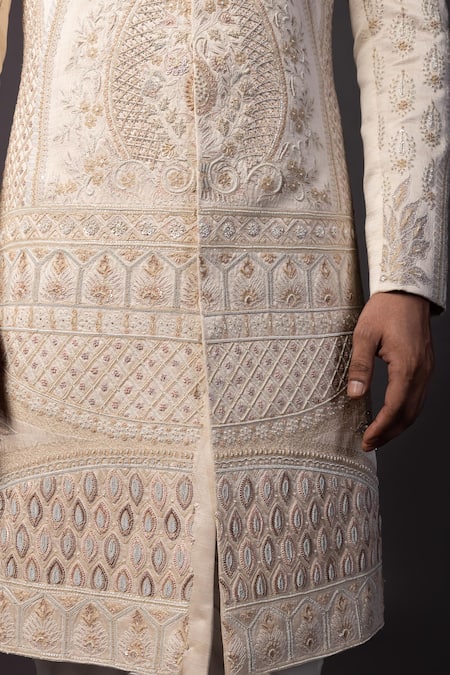 PAARSH_Peach Linen, Satin Diamonds, Embroidery Dori Sherwani Set _at_Aza_Fashions