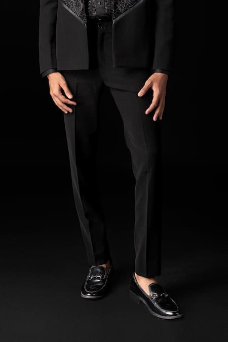 PAARSH_Black Cotton, Polyester Cut Work Cutdana Embroidered Tuxedo Set _Online_at_Aza_Fashions