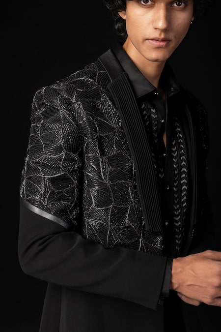 Buy_PAARSH_Black Cotton, Polyester Cut Work Cutdana Embroidered Tuxedo Set _Online_at_Aza_Fashions