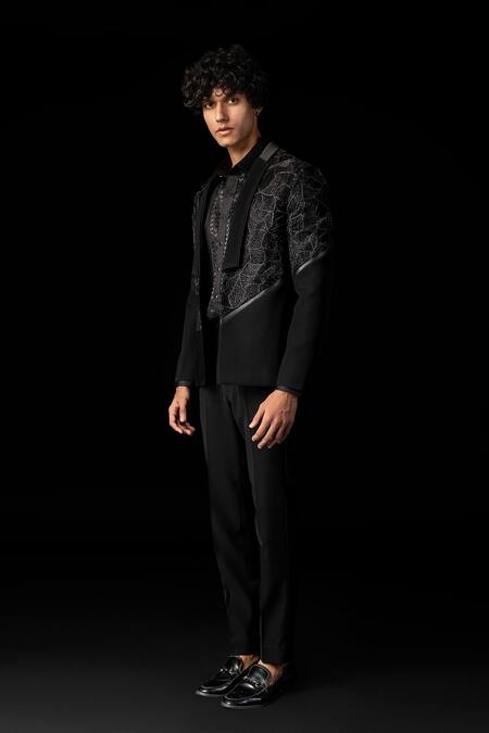 Shop_PAARSH_Black Cotton, Polyester Cut Work Cutdana Embroidered Tuxedo Set _Online_at_Aza_Fashions