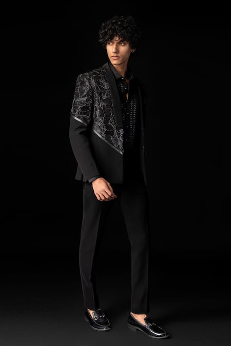 PAARSH_Black Cotton, Polyester Cut Work Cutdana Embroidered Tuxedo Set _at_Aza_Fashions