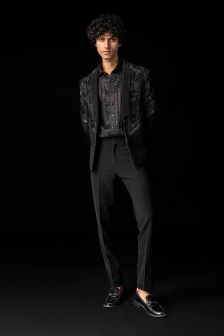 Buy_PAARSH_Black Cotton, Polyester Cut Work Cutdana Embroidered Tuxedo Set 