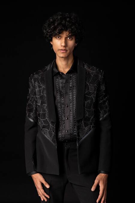 Shop_PAARSH_Black Cotton, Polyester Cut Work Cutdana Embroidered Tuxedo Set 