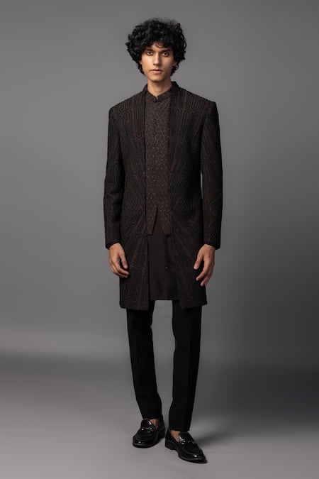 PAARSH_Brown Bamboo, Silk Cut Work, Beads Double Panel Achkan Pant Set _Online_at_Aza_Fashions