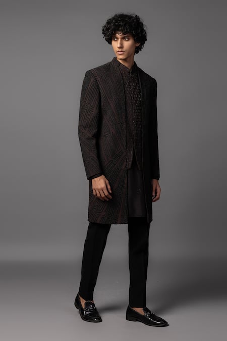 Buy_PAARSH_Brown Bamboo, Silk Cut Work, Beads Double Panel Achkan Pant Set _Online_at_Aza_Fashions