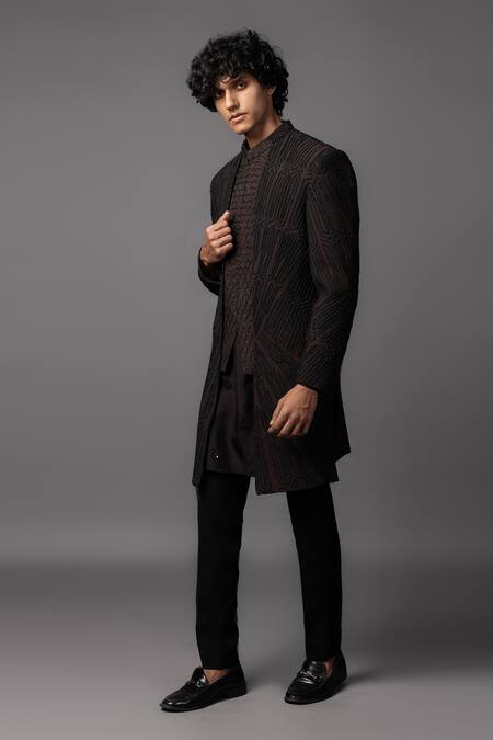 Shop_PAARSH_Brown Bamboo, Silk Cut Work, Beads Double Panel Achkan Pant Set _Online_at_Aza_Fashions