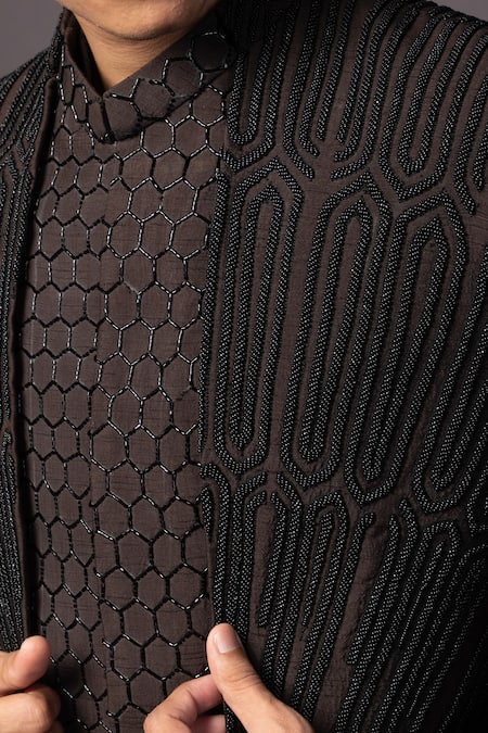 PAARSH_Brown Bamboo, Silk Cut Work, Beads Double Panel Achkan Pant Set _at_Aza_Fashions