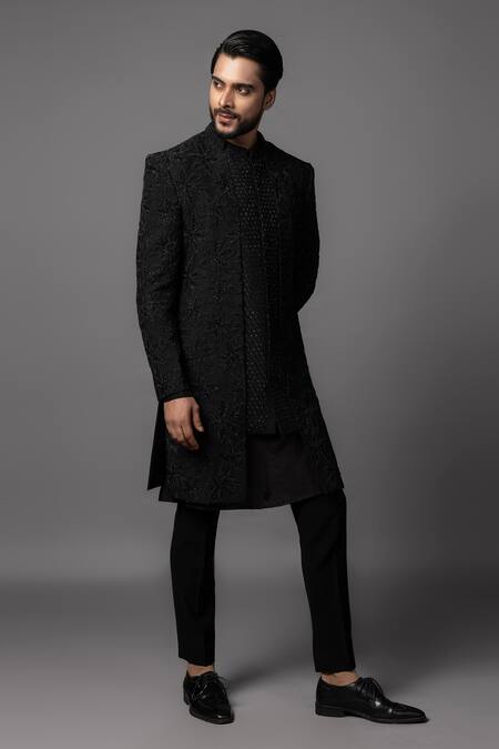 PAARSH_Black Bamboo Cut Work Double Panel Achkan Set _Online_at_Aza_Fashions
