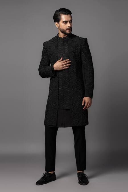 Buy_PAARSH_Black Bamboo Cut Work Double Panel Achkan Set _Online_at_Aza_Fashions