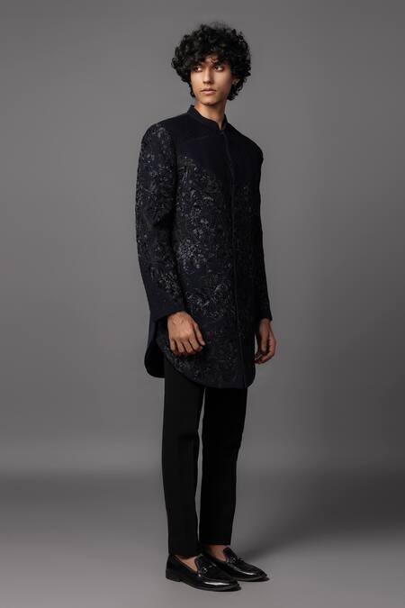 Buy_PAARSH_Blue Silk Cut Work Cutdana Embroidered Navy Achkan And Pant _Online_at_Aza_Fashions